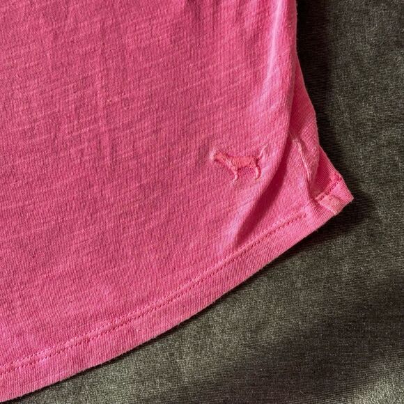 Victoria's Secret PINK Sm Hot Pink Sheer Long Sleeve Varsity Striped Logo V-Neck - Picture 3 of 11